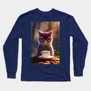 Cute owl with a mug cup of morning coffee Long Sleeve T-Shirt